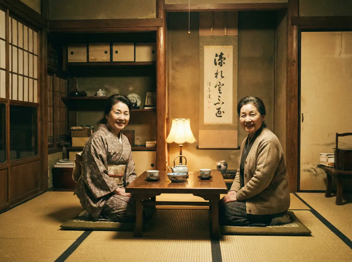 两位优雅的 亿博体育 在日式茶室中品茶交谈